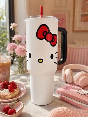 Hello Kitty 40oz Stainless Steel Tumbler Cup With Handle & Straw